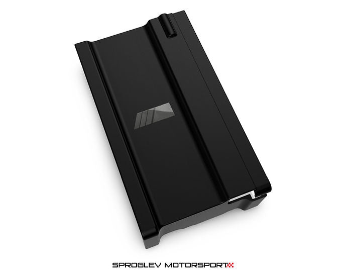 Sprogley Motorsport S55 Charge Cooler Cover for body and styling, showcasing a sleek black component with branding details.