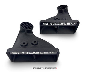 Sprogley Motorsport brake cooling kit with lower control arms for MQB and MQB EVO vehicles, featuring cooling ducts and hardware.