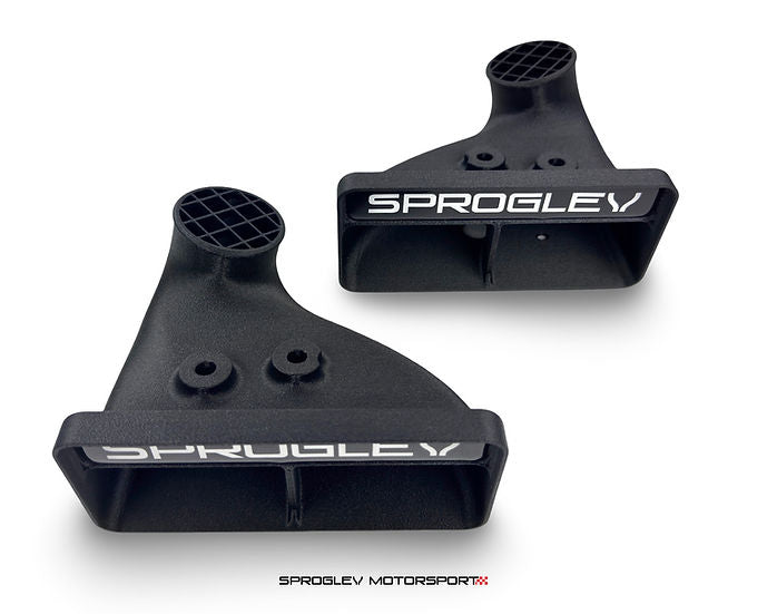 Sprogley Motorsport brake cooling kit with lower control arms for MQB and MQB EVO vehicles, featuring cooling ducts and hardware.