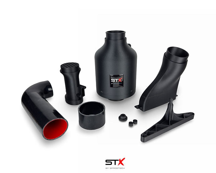 SprogTech STX EA3 Enclosed Intake Kit for 2.0 TFSI engine, installed in a vehicle, showcasing the sleek enclosed design