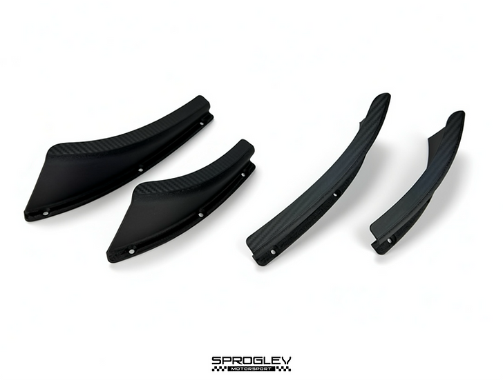 Sprogley Motorsport front bumper canards for F87 BMW M2, aerodynamic body styling accessories with black finish and detailed design