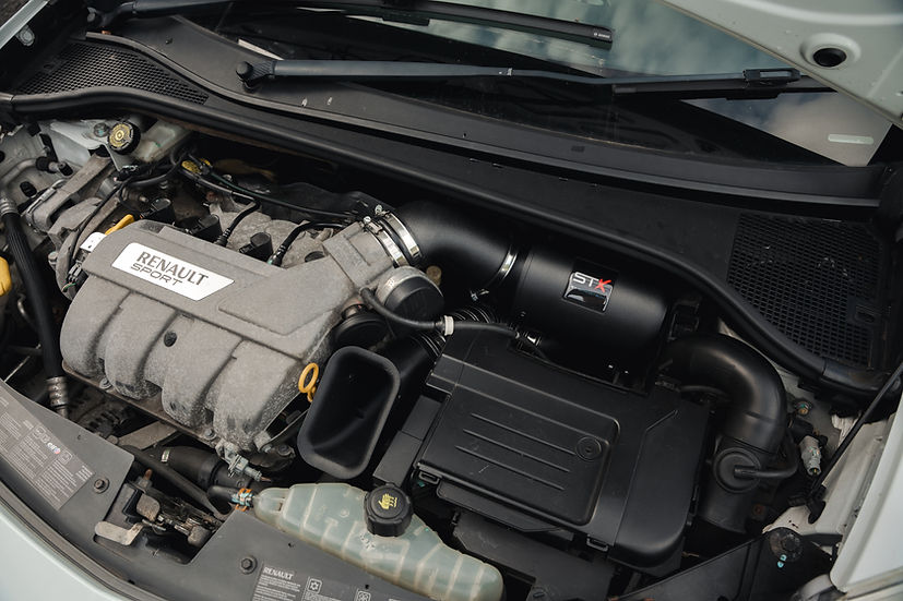 SprogTech STX F4R enclosed intake kit installed on a Clio RS197 and RS200, showcasing the sleek body and styling upgrade from Sprogley Motorsport.