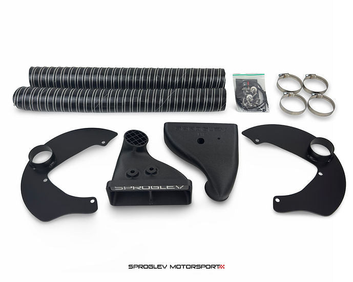 Sprogley Motorsport brake cooling kit with lower control arms for MQB and MQB EVO vehicles, featuring cooling ducts and mounting components.