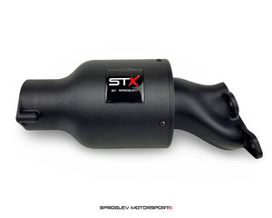 SprogTech STX BAM enclosed intake kit for VAG 1.8T engine, shown installed on a vehicle's engine bay, with sleek black components.