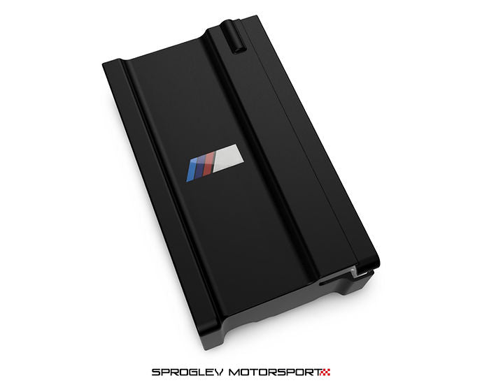 Sprogley Motorsport S55 Charge Cooler Cover for body and styling, showcasing a sleek, black automotive part with branding details.