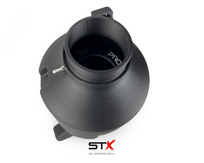 SprogTech STX EA8 enclosed motorsport intake kit for EA888 Gen 3 & 4 engines, featuring sleek black body and high-performance design.