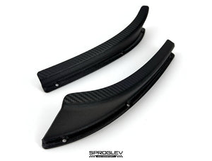 Sprogley Motorsport front bumper canards attached to a BMW M2 F87, enhancing aerodynamics and sporty styling.